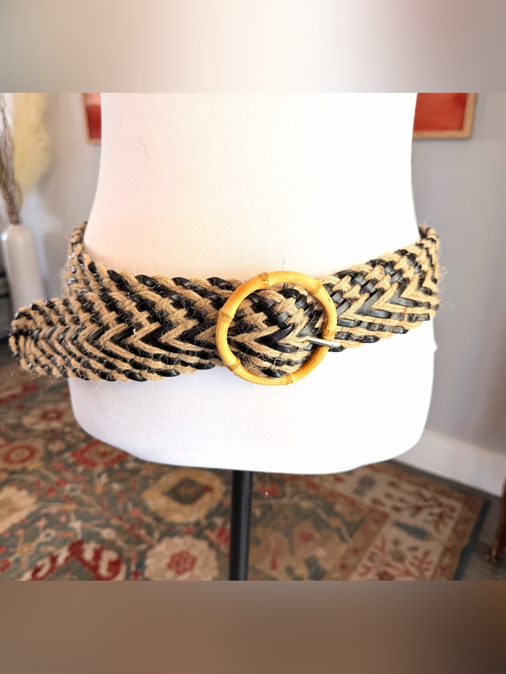 Braided Straw Waist Belt with Round Bamboo Buckle - Black & Natural - Picture 7 of 7
